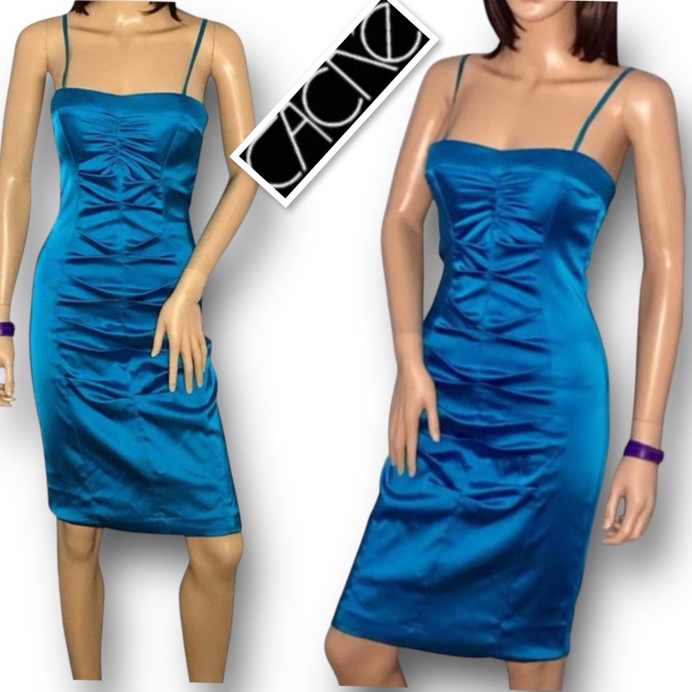 Cache Cocktail Satin Rushed Sleeveless Dress In Teal Size 2